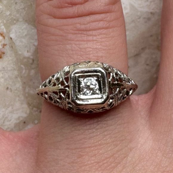 Diamond 18k White Filigree Edwardian Ring - Picture 5 of 14